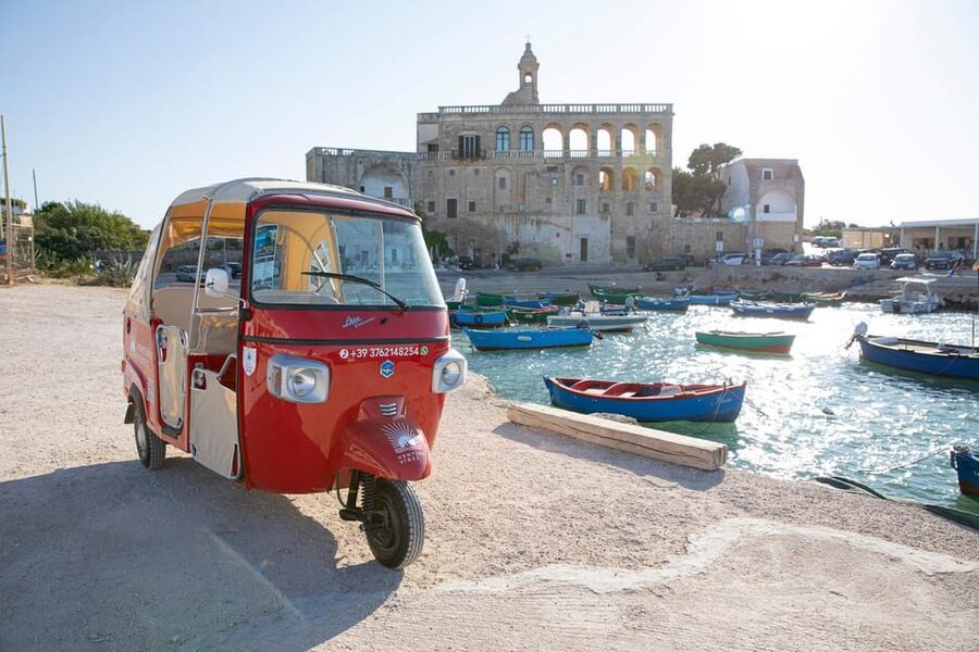 Vintage Ape Calessino: Polignano a Mare Tours - The Domenico Modugno statue and the cliff view plan
